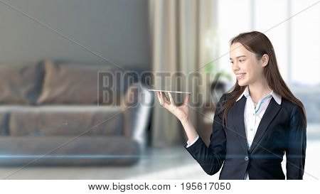 Young Beautiful Business Woman And Creative Designer Standing Over Blured 3D Interior On Background