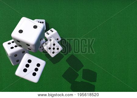 Dices Games Background 3D Illustration Concept with Copy Space. Classic White Dices and Green Gambling Table.