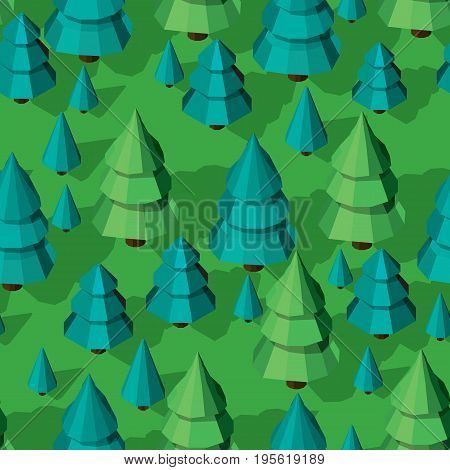 Seamless isometric trees pattern vector illustration. 3d low poly spurce