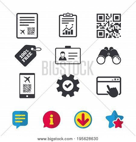 QR scan code in smartphone icon. Boarding pass flight sign. Identity ID card badge symbol. Browser window, Report and Service signs. Binoculars, Information and Download icons. Stars and Chat. Vector