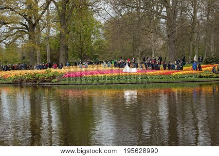 LISSE NETHERLANDS - APRIL 19 2017: Visitors at the Keukenhof Garden in Lisse Holland Netherlands.