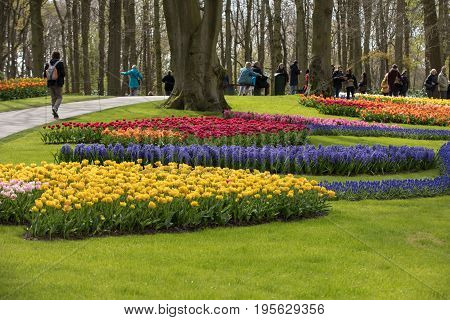 LISSE NETHERLANDS - APRIL 19 2017: Visitors at the Keukenhof Garden in Lisse Holland Netherlands.