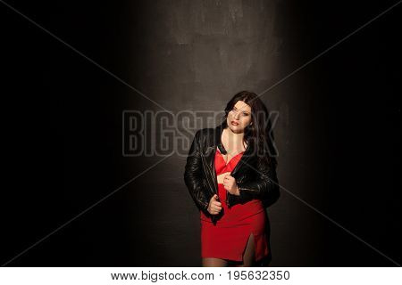 Fat Woman In Red Underwear In Black Room 1