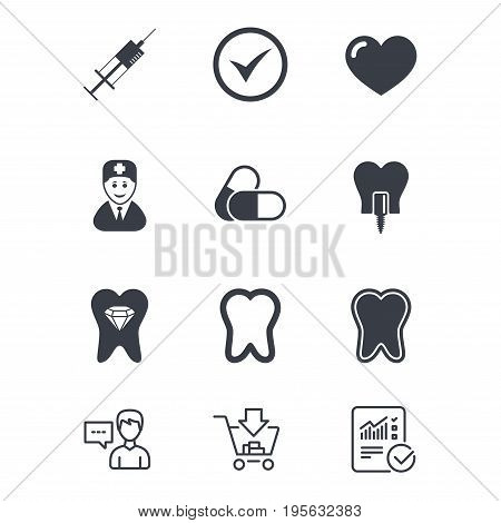 Tooth, dental care icons. Stomatology, syringe and implant signs. Healthy teeth, dentist and pills symbols. Customer service, Shopping cart and Report line signs. Online shopping and Statistics