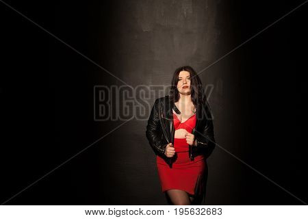 Fat Woman In Red Underwear In Black Room 1