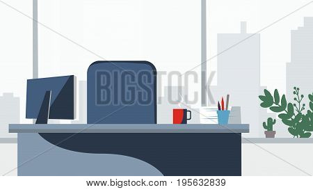 Office desk background Vector. Workplace business style. Table and computer. Flat style illustrations