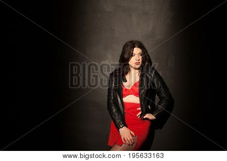 Fat Woman In Red Underwear In Black Room 1
