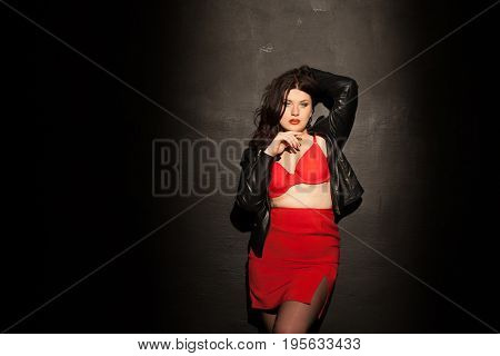 Fat Woman In Red Underwear In Black Room 1
