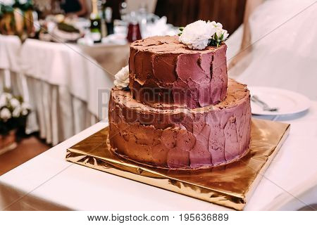 The two-level chocolate wedding cake is decorated with white flowers and stands on the golden stand, on the white table. Dessert, pastry. Close-up