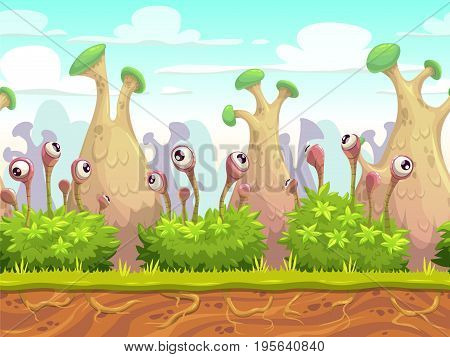 Seamless fantasy landscape with separated layers for parallax effect. Vector looped cartoon background for game design.