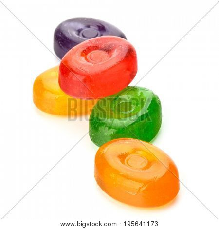 colorful fruit hard sugar candies,  boiled sweeties or sugar plums isolated on white background cutout