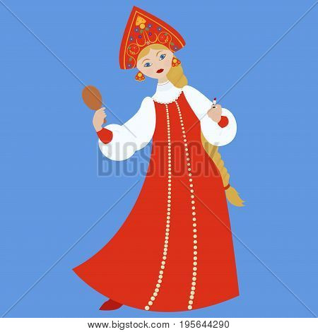 cute Russian girl in red long traditional folk dress or costume make make-up