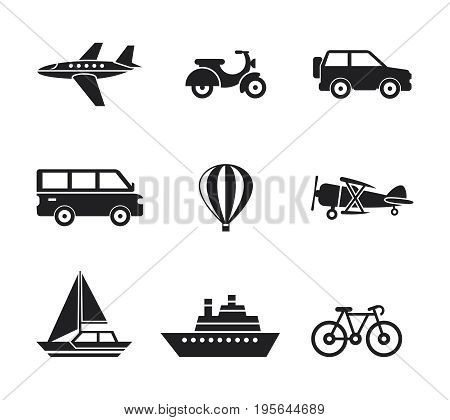 Digital vector black travel transport icons set with drawn simple line art info graphic, presentation with car, plane and vehicle elements around promo template, flat style