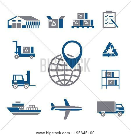 Digital vector silver blue warehouse icons with drawn simple line art info graphic, presentation with transport, globe and storage depositing logistic elements around promo template, flat style