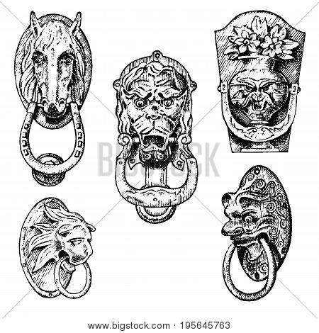 Detail ancient building. architectural ornamental elements, wooden door knob, knocker or handles. lion and horse. engraved hand drawn in old sketch, vintage and Antique, baroque or gothic style