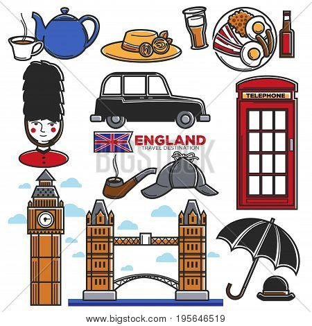 England travel destination landmarks and famous tourist attraction symbols. UK British flag, Big Ben Tower or London Bridge and royal guard, red telephone booth and taxi cab. Vector isolated icons set