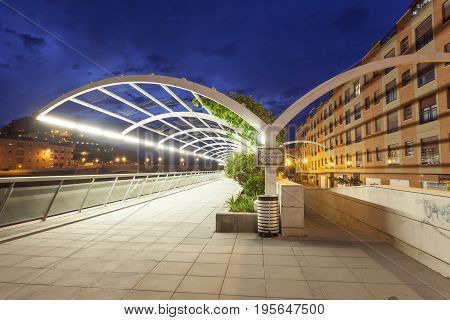 Promenade at the Guadalentin river in Lorca illuminated at night. Province of Murcia southern Spain