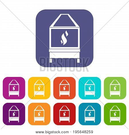 Blacksmith oven with flame fire icons set vector illustration in flat style In colors red, blue, green and other