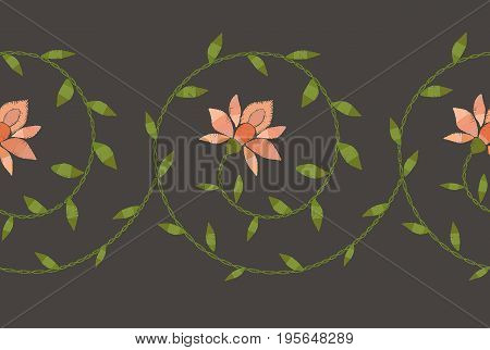 Embroidery ethnic floral border pattern. Embroidery trendy design element.