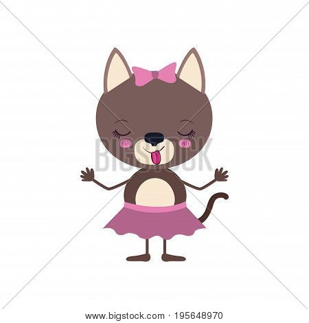 colorful caricature of disgust expression female cat in skirt with bow lace and sticking out tongue vector illustration