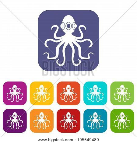 Octopus icons set vector illustration in flat style In colors red, blue, green and other