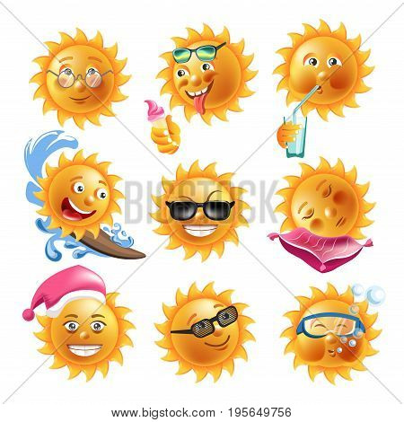 Sun smiles on summer holiday vacations. Cartoon suns emoticons faces expressions in glasses, ocean surfing board or ice cream and cocktail drink, scuba diving and sleeping. Vector isolated icons set