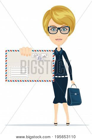 Woman in formal suit holding an envelope with a letter. Stock flat vector illustration.
