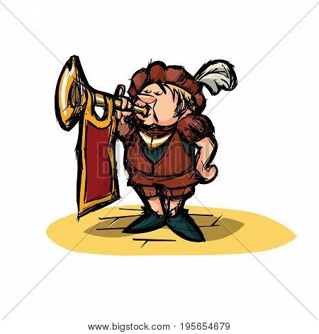 Cartoon medieval herald with trumpet in a hat with a feather