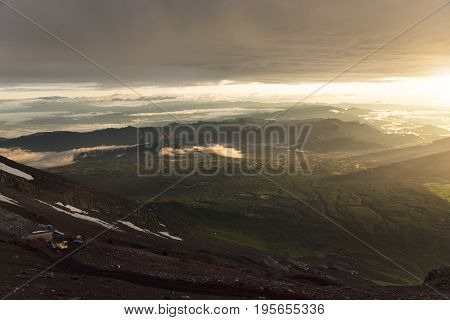 Beautiful sunrise on top of the Mount Fuji Japan and landscape nature view.
