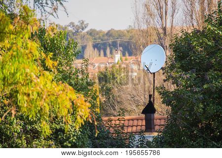 Residential satellite dish in remote location surrounded by trees
