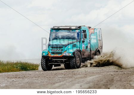 Filimonovo Russia - July 10 2017: truck rally car Iveco driving on a dust road during Silk way rally