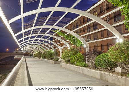 Promenade at the Guadalentin river in Lorca illuminated at night. Province of Murcia southern Spain