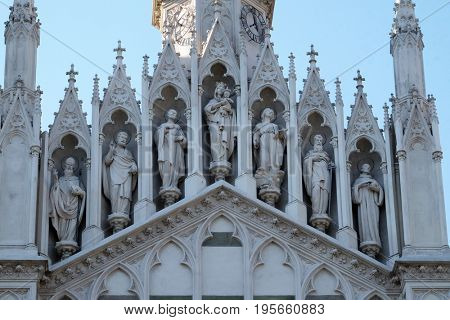 ROME, ITALY - SEPTEMBER 02: Gallery of saints on the facade of Sacro Cuore del Suffragio church in Rome, Italy  on September 02, 2016.