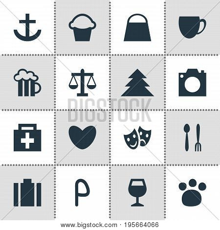 Vector Illustration Of 16 Map Icons. Editable Pack Of Beer Mug, Jungle, Coffee Shop And Other Elements.