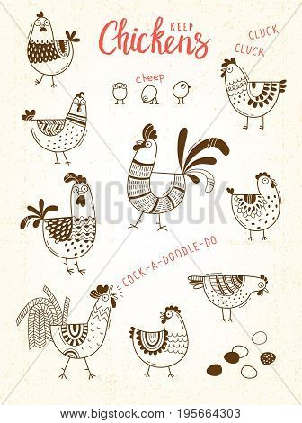 Vector images of chickens, hens, cocks, eggs in cartoon style, line art. Elements for design cover food package, advertising banner, card.