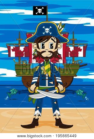 Cute Cartoon Pirate Buccaneer with Pirates Ship
