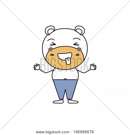 silhouette color sections caricature of cute hippopotamus happiness expression and sticking out tongue in pants vector illustration