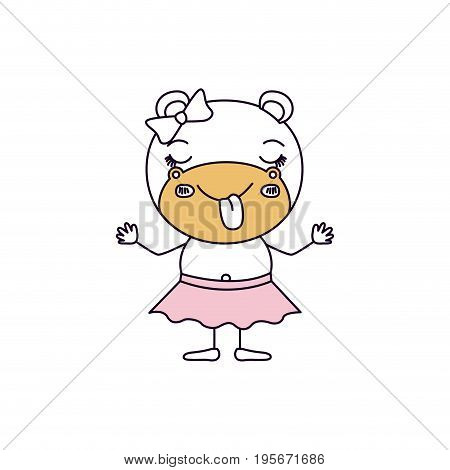 silhouette color sections caricature of cute expression female hippo in skirt with bow lace and sticking out tongue vector illustration