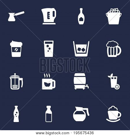 Set Of 16 Drinks Icons Set.Collection Of Mug, Electric Teapot, Cream And Other Elements.