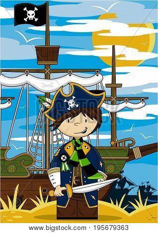 Cute Cartoon Pirate Captain with Pirates Ship