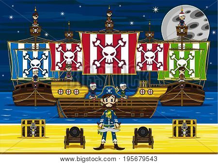Cartoon Pirate on the Beach with Pirate Ships