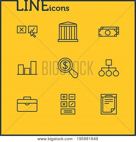 Vector Illustration Of 9 Trade Icons. Editable Pack Of Portfolio, Magnifier, Recision And Other Elements.