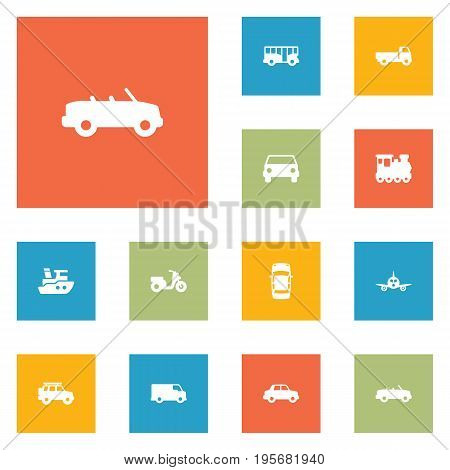 Set Of 12 Transport Icons Set.Collection Of Hatchback, Autobus, Caravan And Other Elements.