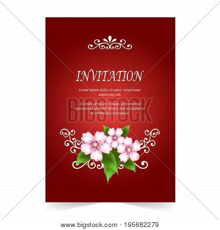 Invitation card wedding card with Cherry blossom flowers on red background
