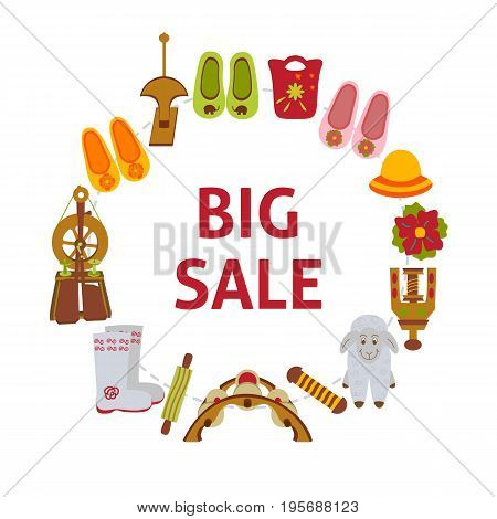 Big sale banner with felted goods. Vector illustration of wares and instrument for felting.