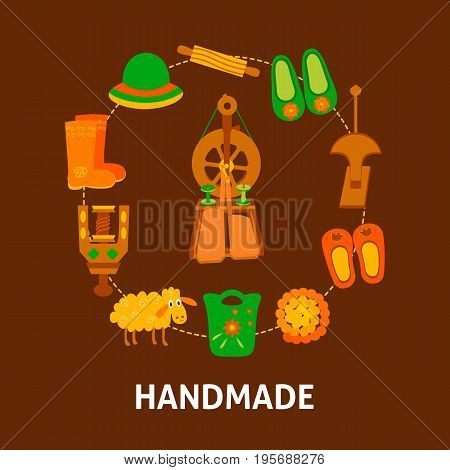 Handmade banner with felting items. Vector illustration of felted goods in circle.