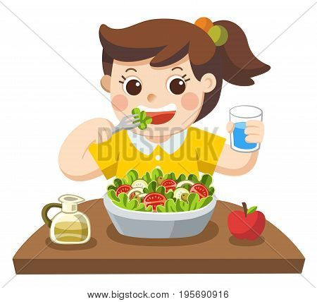 A Little girl happy to eat salad. she love vegetables. Isolated vector