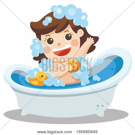 A baby girl taking a bath in bathtub with lot of soap lather and rubber duck. Isolated vector