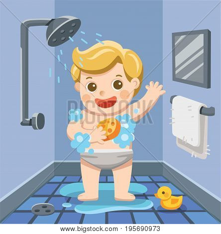 A baby boy taking a shower in bathroom with lot of soap lather and rubber duck. Illustration