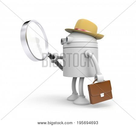 Robot detective. Robot holding and looks through magnify glass. 3d illustration